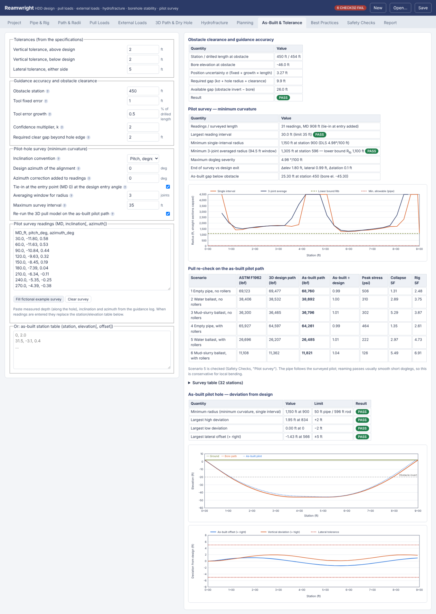 Reamwright as-built pilot survey, obstacle clearance, pull-load comparison, and bore-path tolerance charts